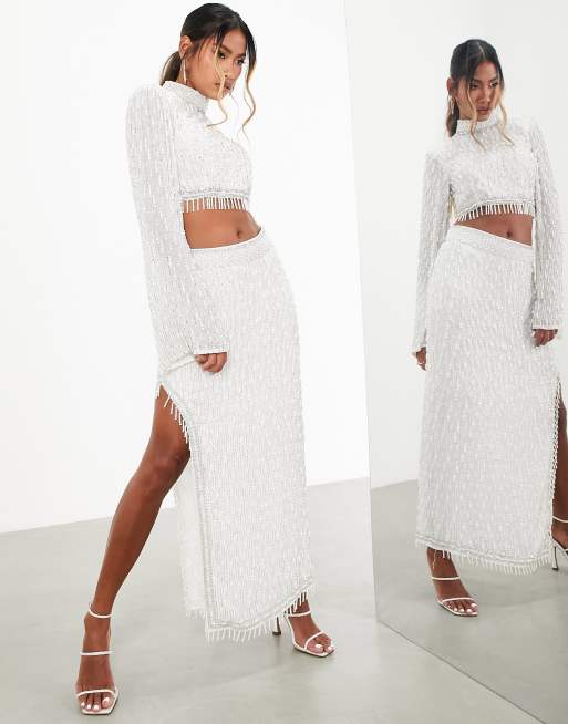 Pearl Embellished Midi Skirt in White - Retro, Indie and Unique Fashion