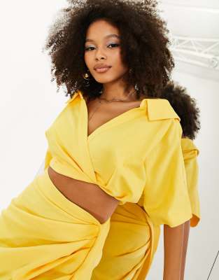 linen cropped wrap shirt in yellow