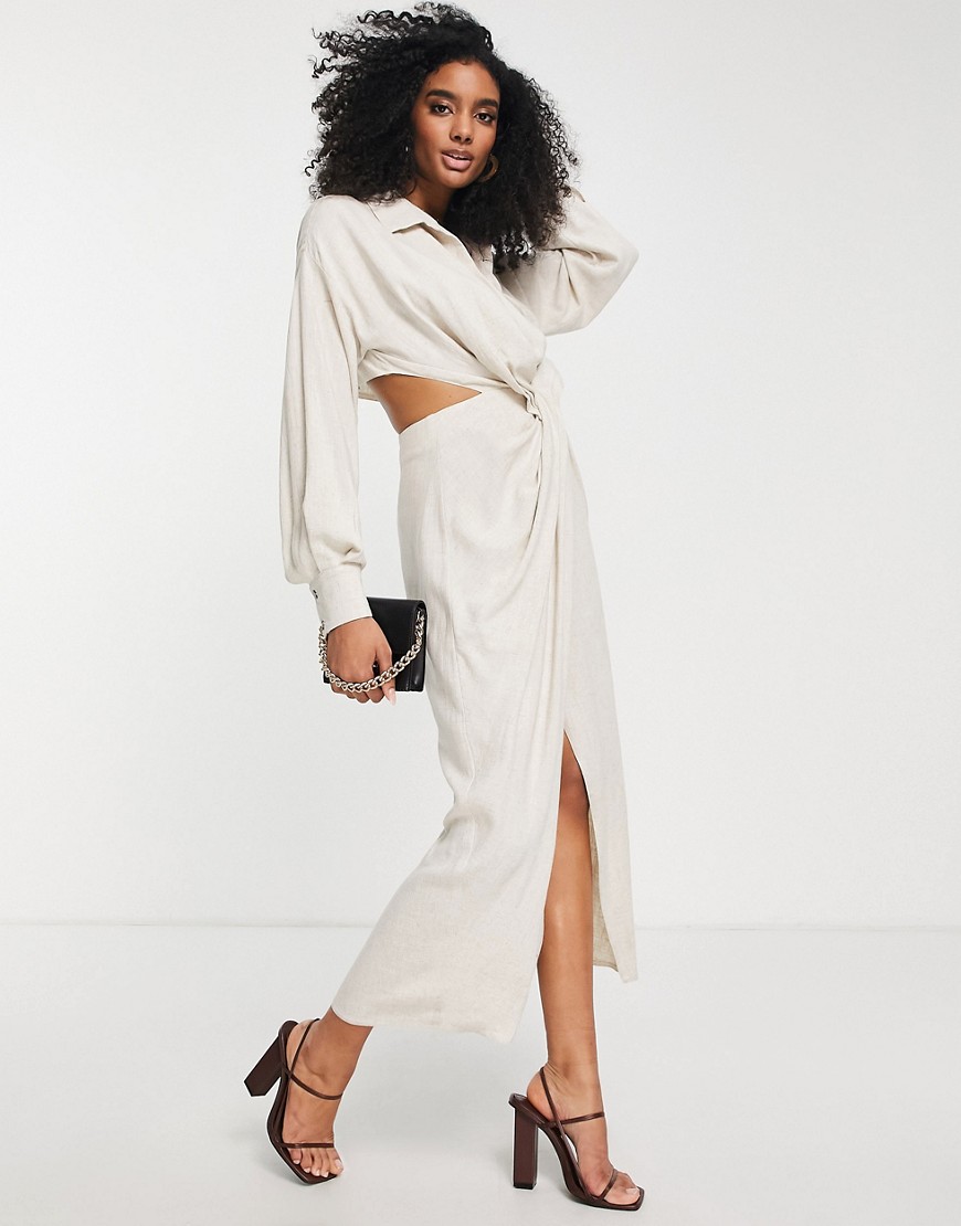 ASOS EDITION linen drape wrap shirt midi dress with open back in natural-Neutral