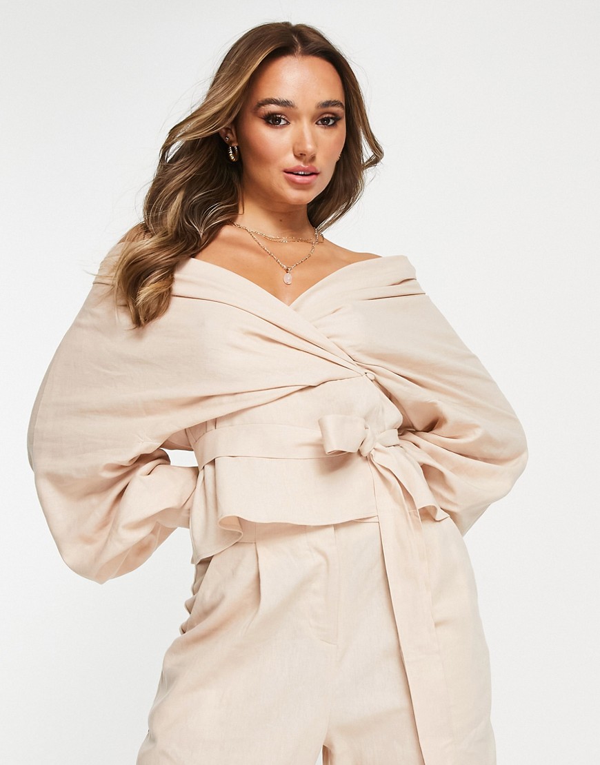 ASOS EDITION linen off shoulder wrap top with belt in sand-Neutral
