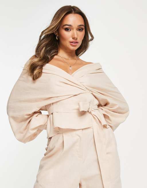 ASOS EDITION linen off shoulder wrap top with belt in sand