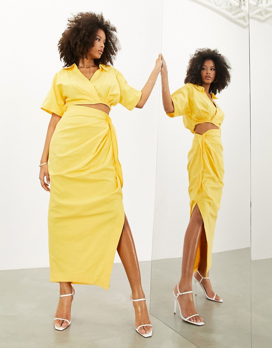 Asos Design Linen Ruched Detail Maxi Skirt In Yellow