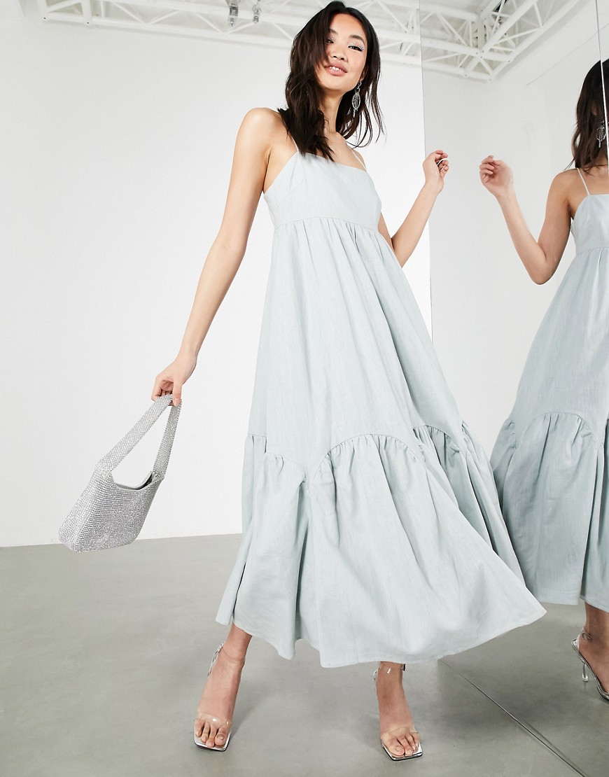 Asos Design Linen Tiered Cami Dress With Scallop Hem In Ice Blue-blues