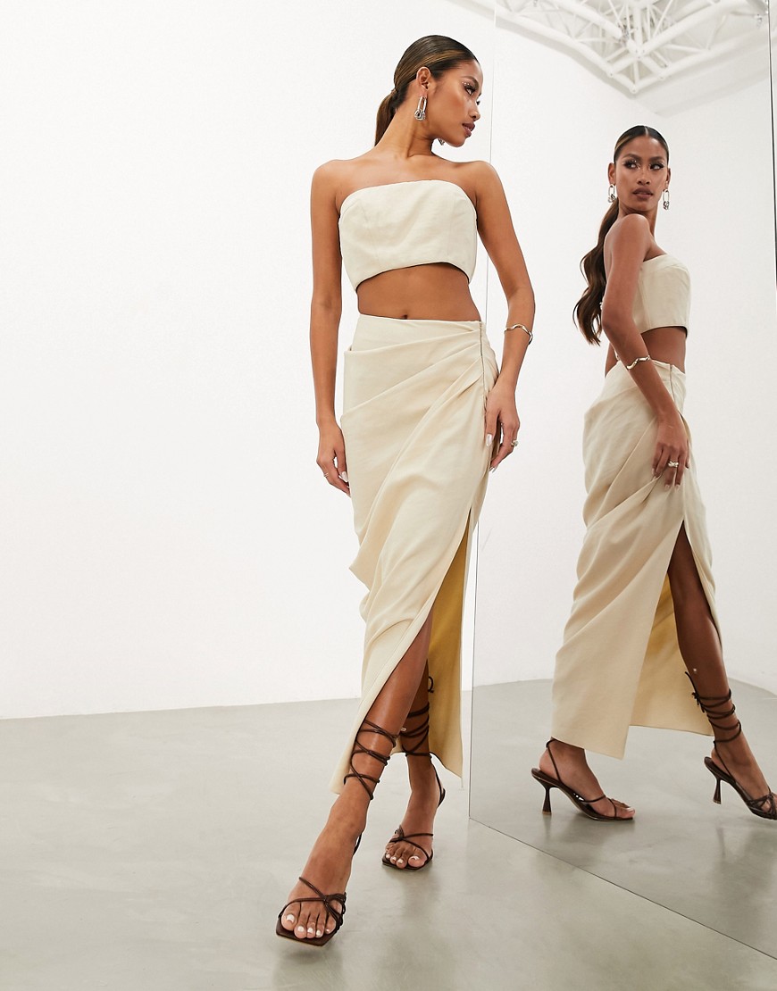 Asos Design Linen Wrap Midi Skirt In Stone-neutral