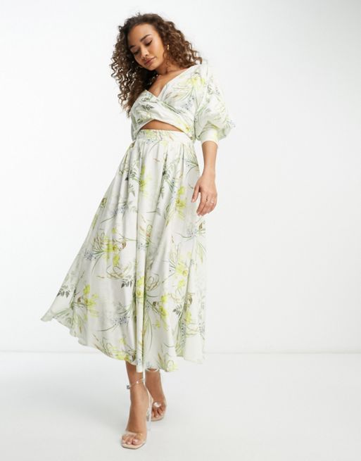 ASOS EDITION - Linnen midi-jurk met overslag aan de voorkant en botanische  bloemenprint | ASOS