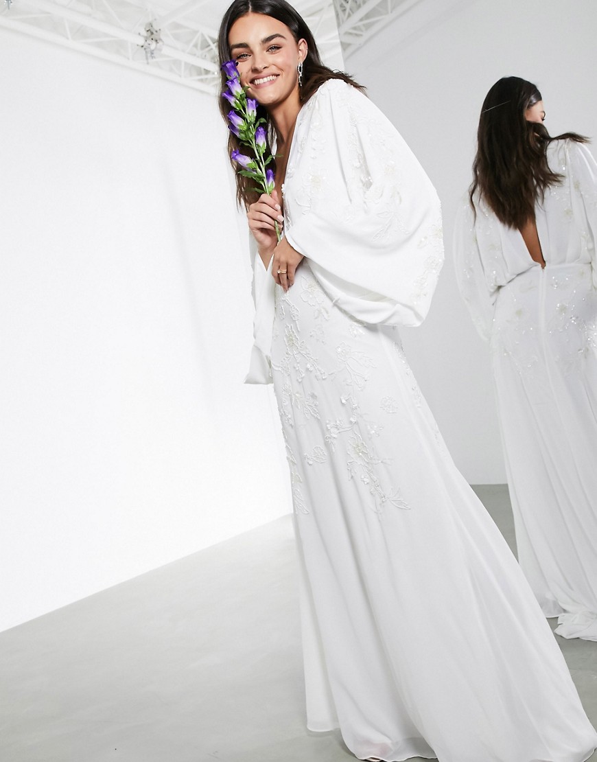 ASOS EDITION Lisa drape sleeve plunge wedding dress with floral embellishment-White