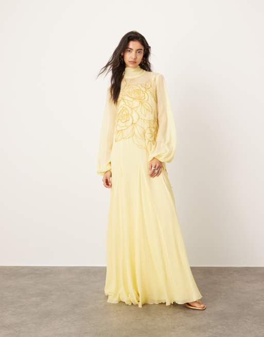 ASOS EDITION – Ljusgul maxiklänning i utsvängd modell med blusärmar, knytning och blommor, 4 av 4