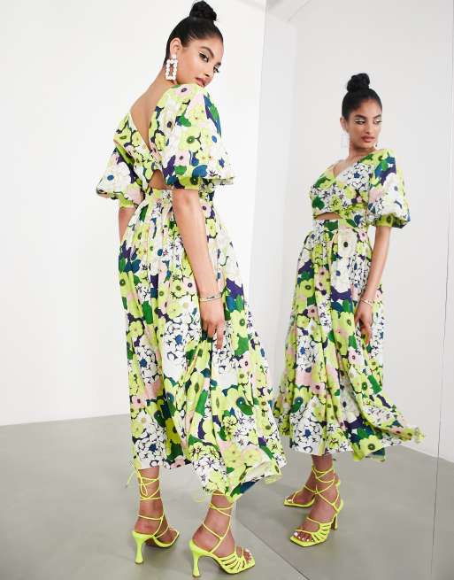 ASOS EDITION – Lniana kopertowa sukienka midi w kwiaty z obszernymi rękawami z obcisłym mankietem