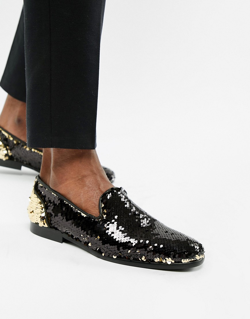 ASOS EDITION loafers in reversible sequin gold to black-Multi
