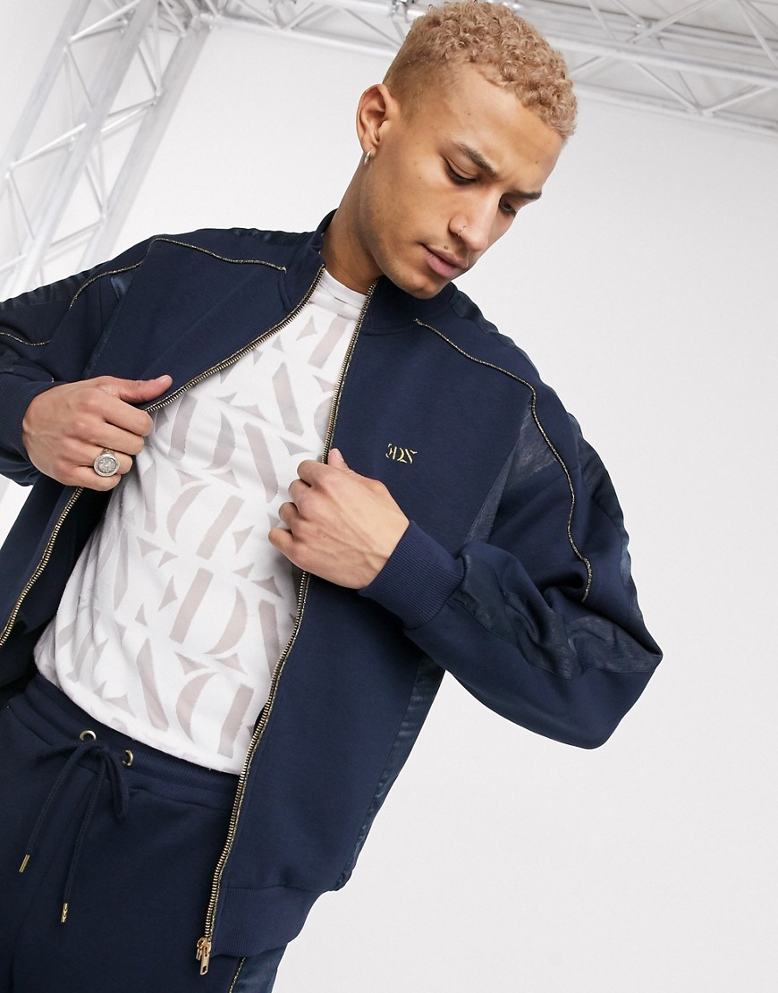 Asos Design Logo Two-piece Oversized Track Jacket With Satin Panels In Navy