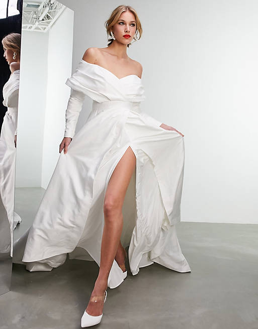 ASOS EDITION Lola satin structured off shoulder wedding dress with full skirt