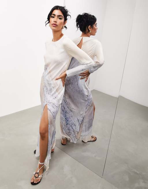 ASOS EDITION long sleeve bias cut maxi dress in cream and blue scenic print  | ASOS
