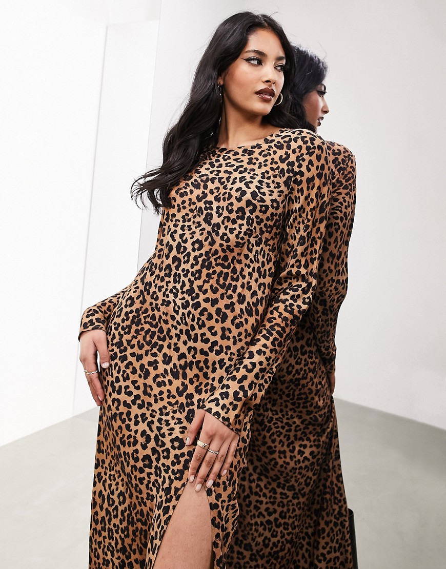 ASOS EDITION long sleeve bias cut maxi dress in leopard print-Multi
