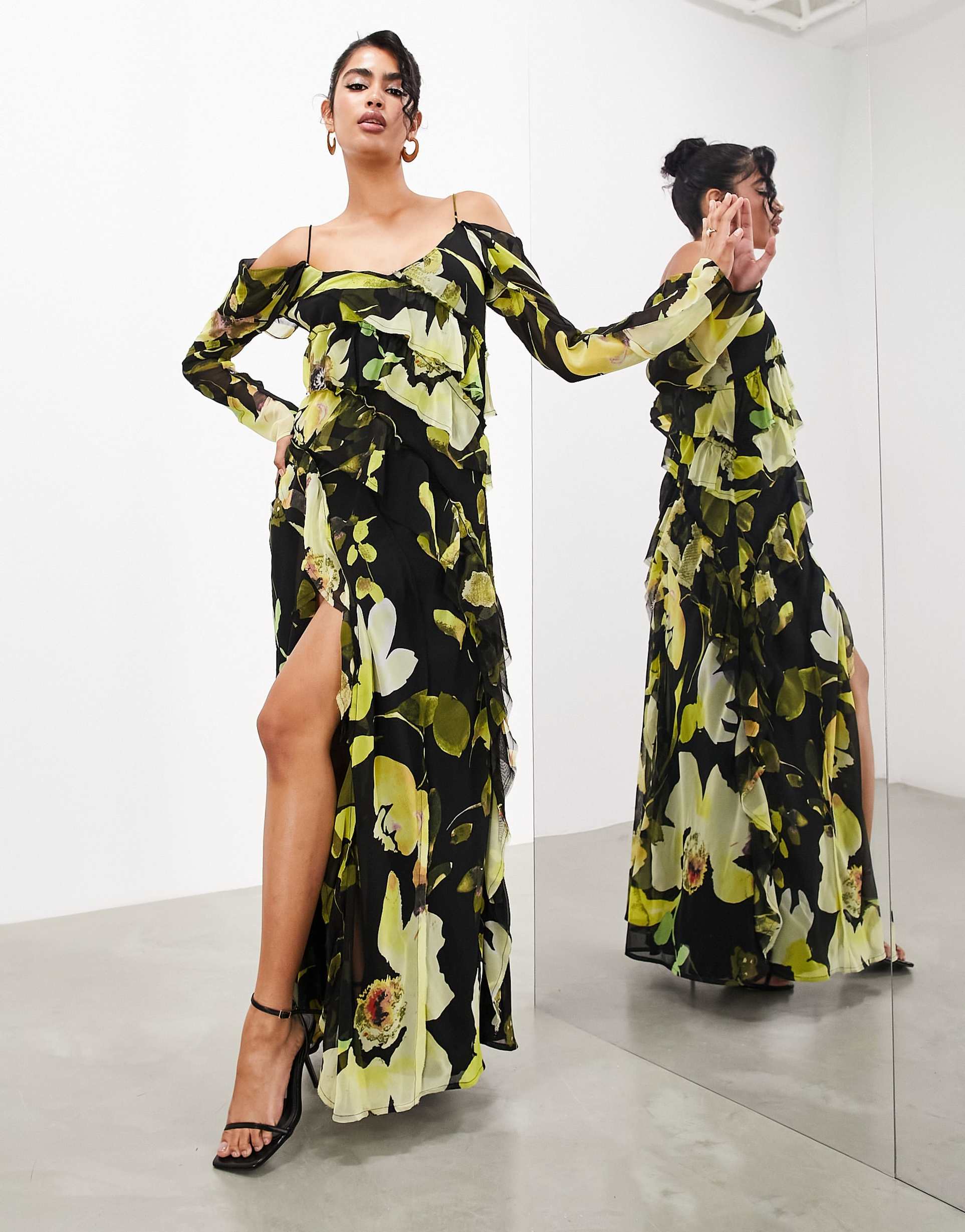 asos edition long sleeve bias cut maxi dress with raw edge frills in black floral