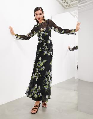 ASOS EDITION long sleeve chiffon maxi dress with frills in black floral ASOS