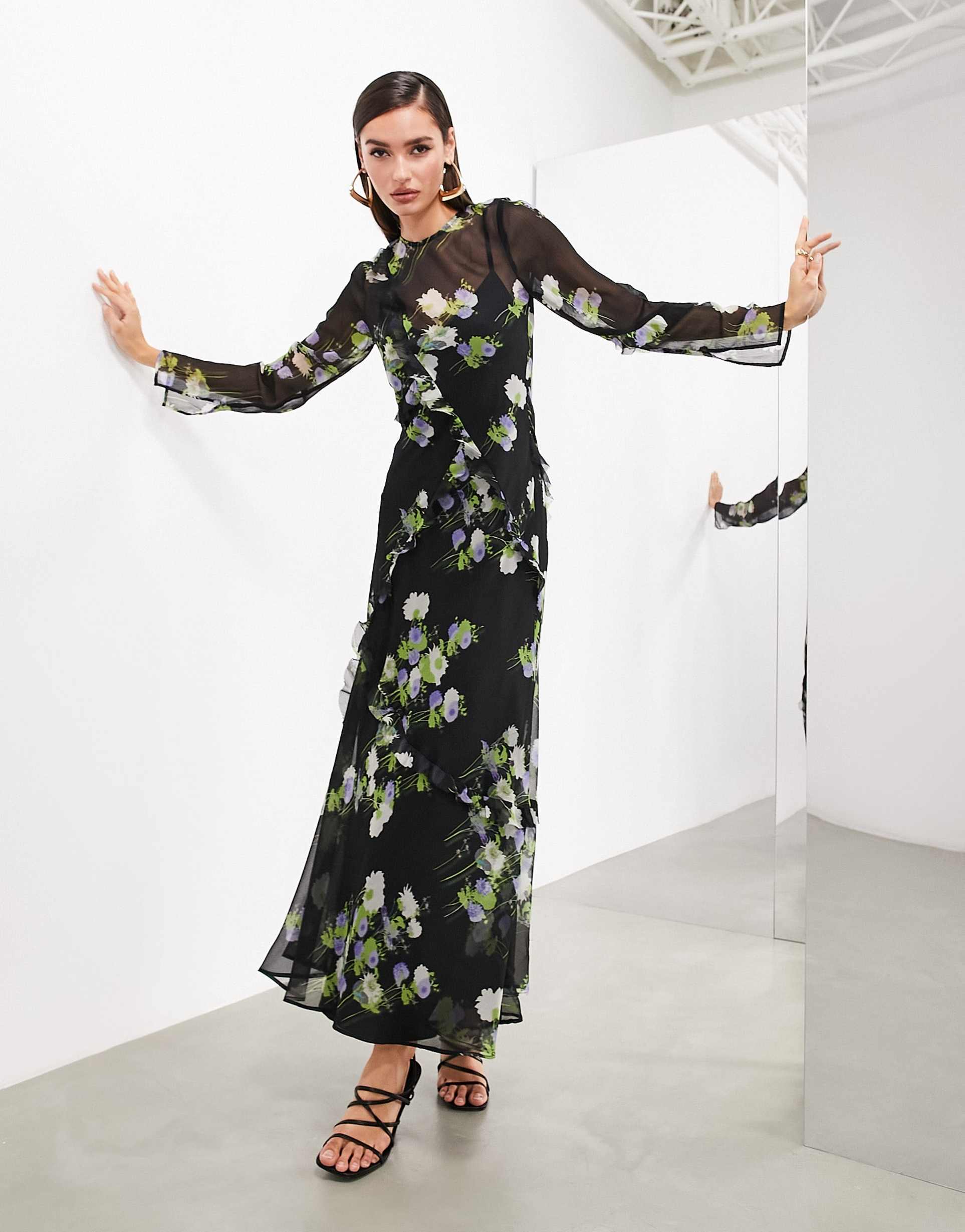 asos edition long sleeve chiffon maxi dress with frills in black floral