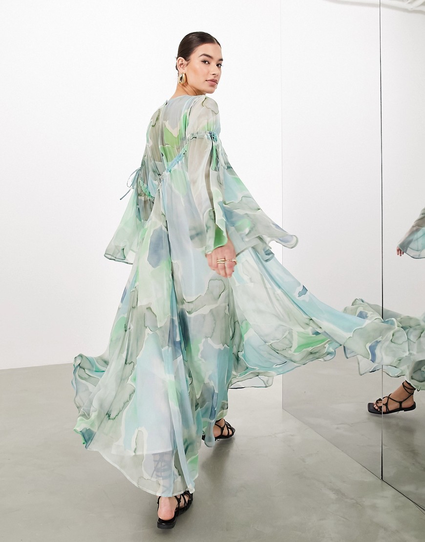 Asos Design Long Sleeve Chiffon Maxi Dress With Gathered Detail In Blue Watercolor Print-multi In Green