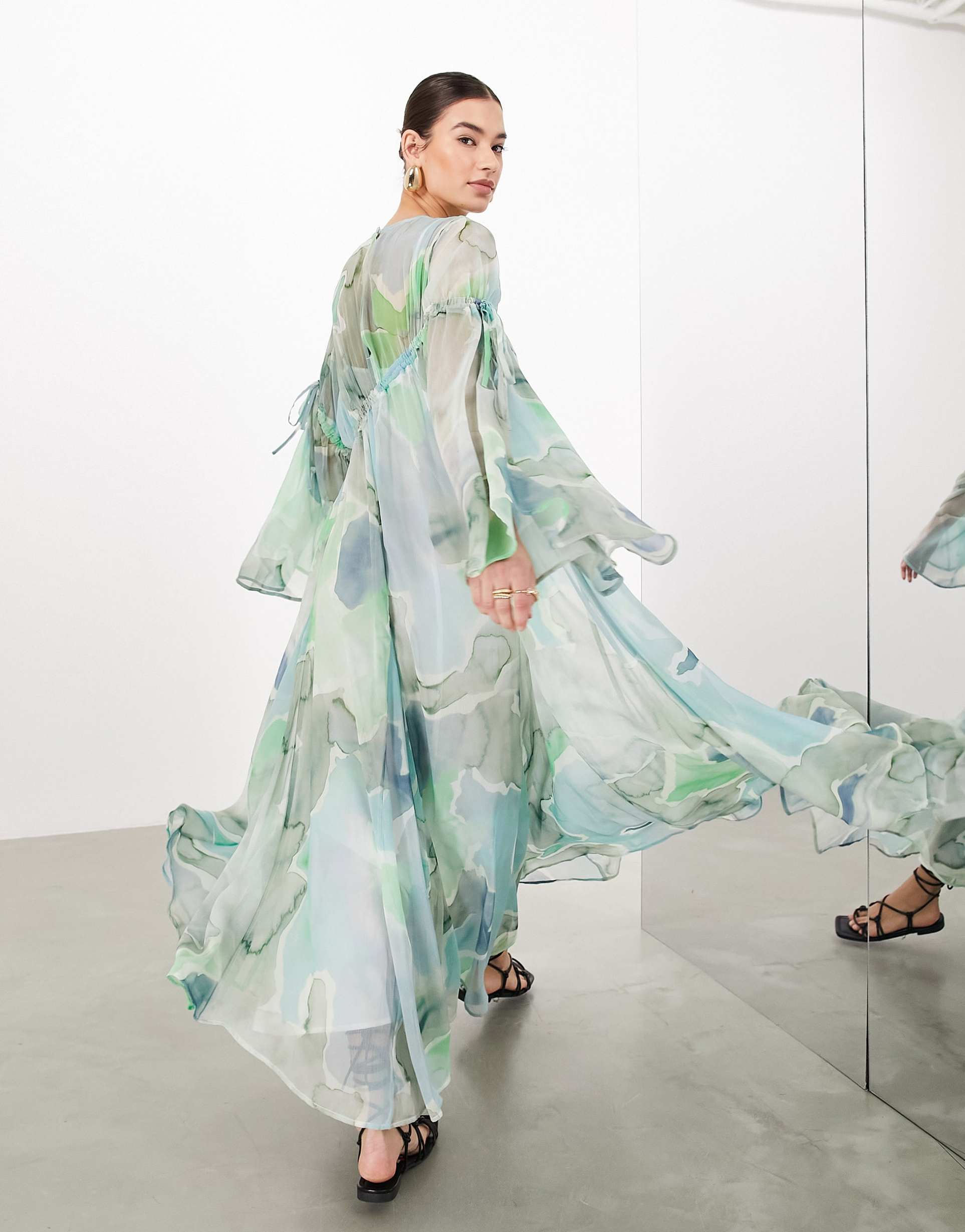 asos edition long sleeve chiffon maxi dress with gathered detail in blue watercolor print