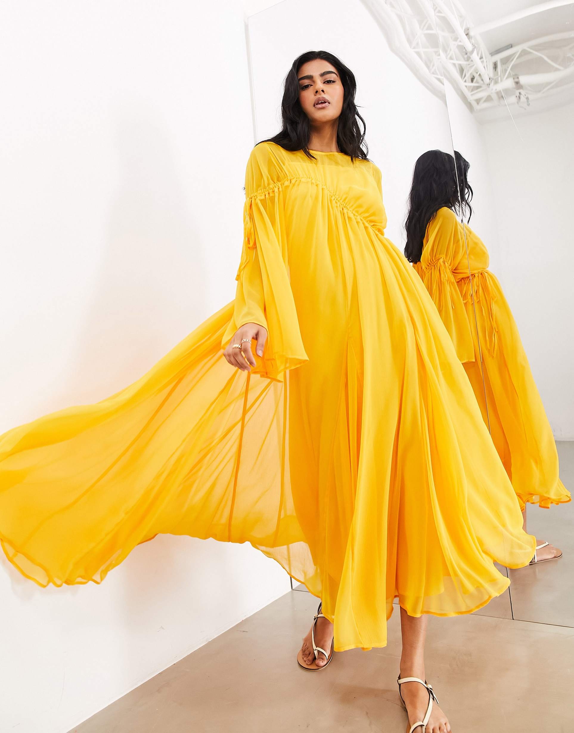 asos edition long sleeve chiffon maxi dress with gathered detail in orange