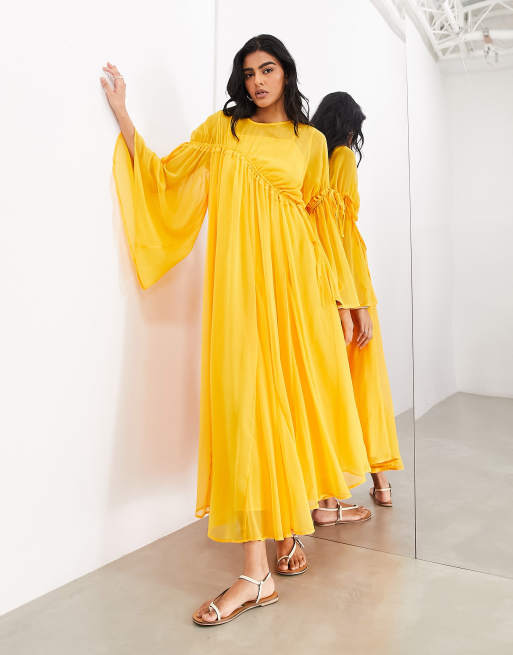 ASOS Edition long sleeve chiffon maxi dress with gathered detail in orange, 3 of 4