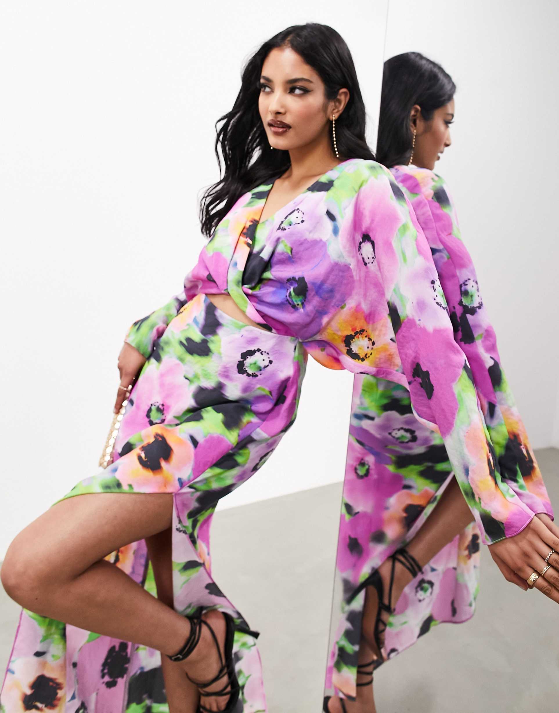 asos edition long sleeve cut-out midaxi dress in purple graphic floral