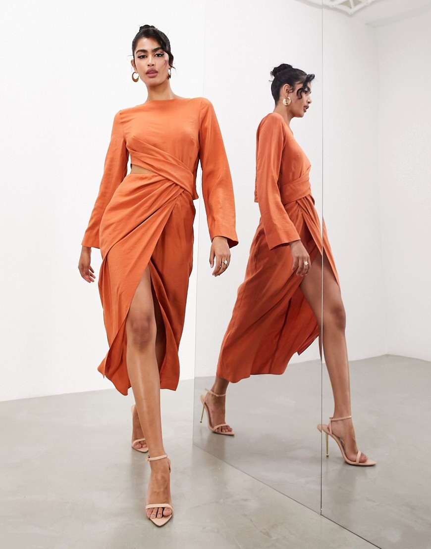 ASOS EDITION long sleeve drape detail midaxi dress in rust-Copper