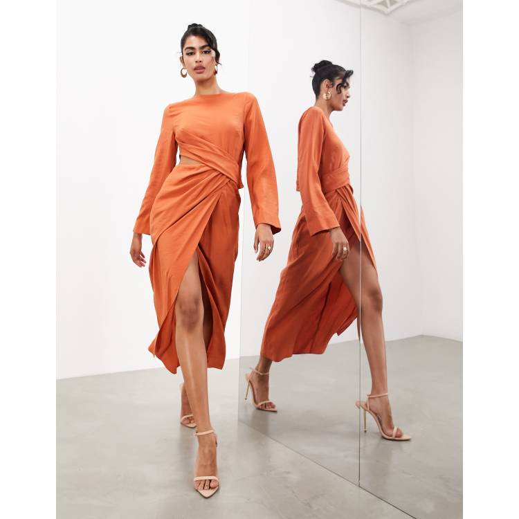 ASOS EDITION long sleeve drape detail midaxi dress in rust ASOS