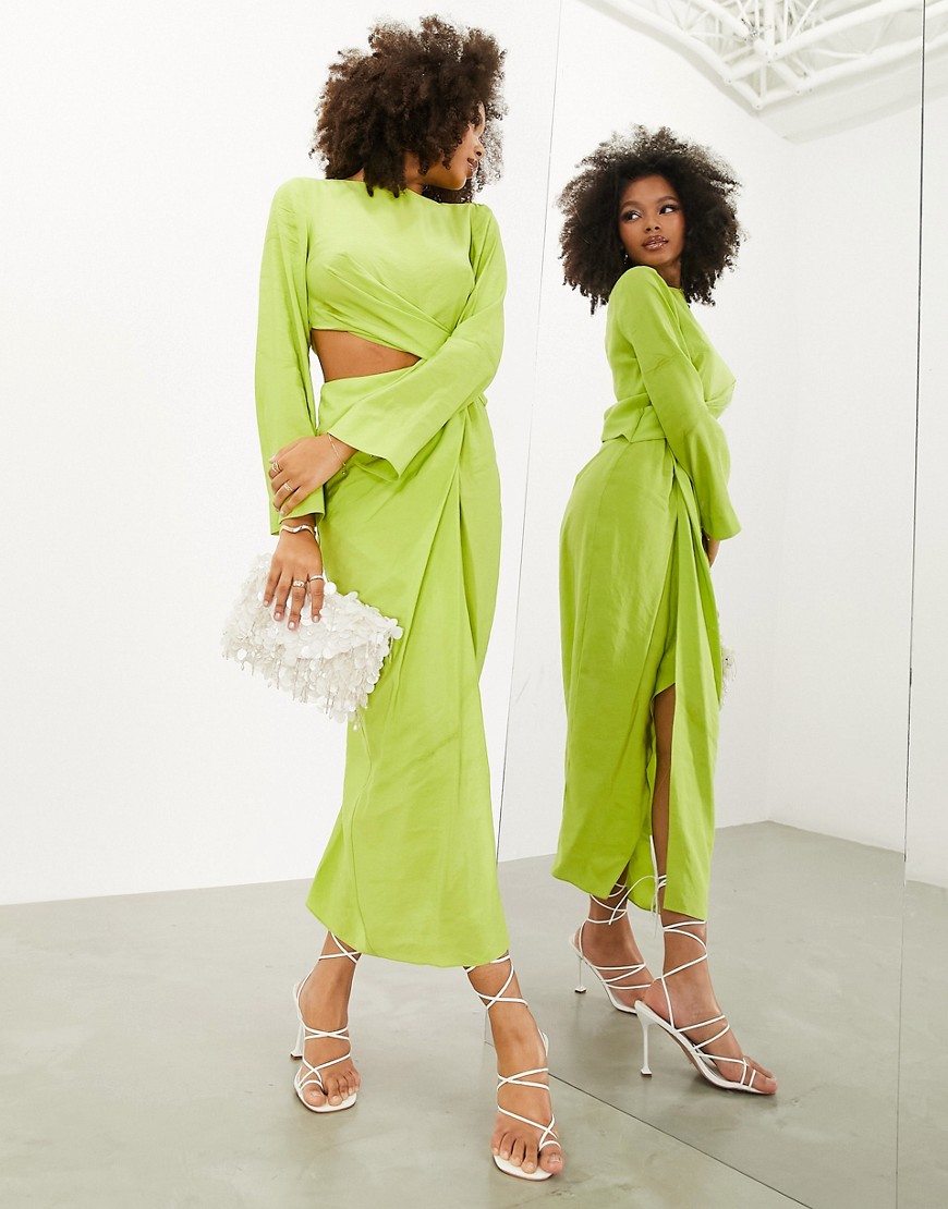 long sleeve drape detail midi dress in lime green
