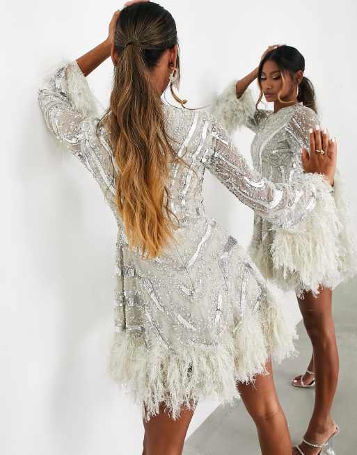 ASOS EDITION long sleeve embellished waisted mini dress with faux feather  trim in silver