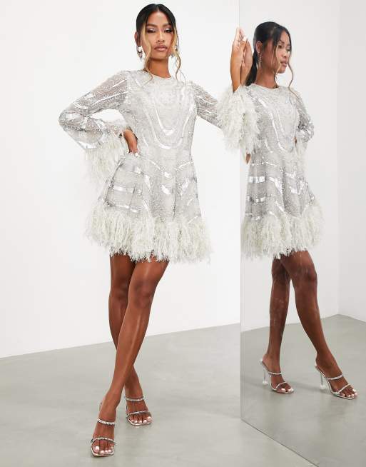 ASOS EDITION long sleeve embellished waisted mini dress with faux feather trim in silver