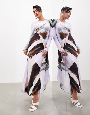 ASOS EDITION long sleeve frill detail maxi dress in abstract lilac art print