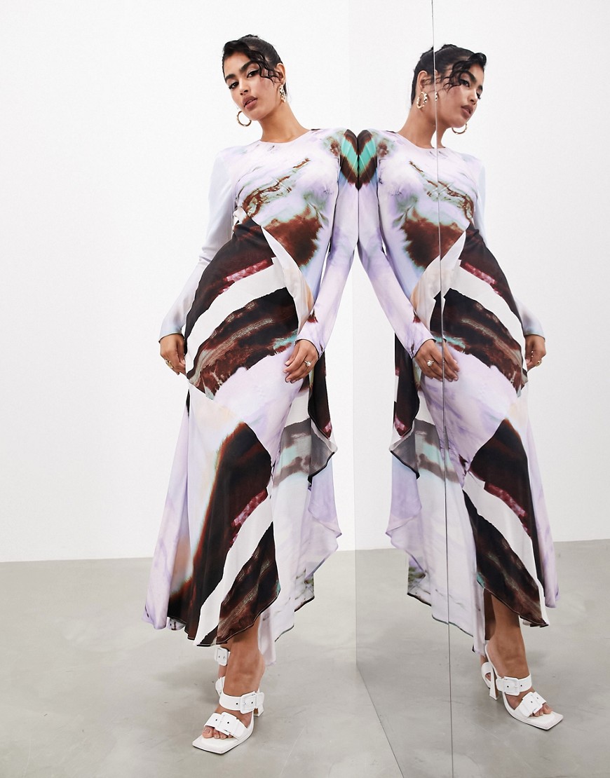 ASOS EDITION long sleeve frill detail maxi dress in abstract lilac art print-Multi