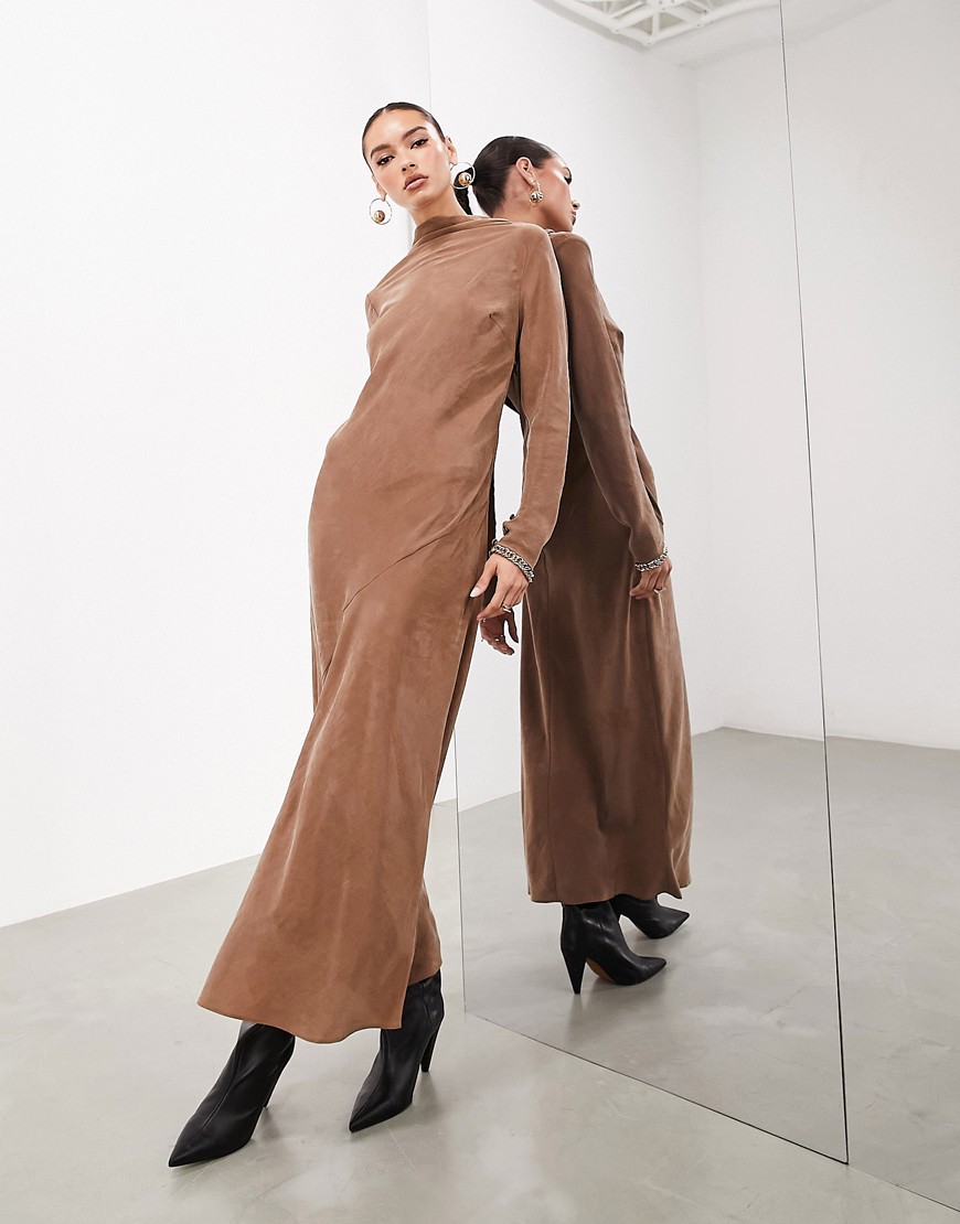 ASOS EDITION long sleeve high neck maxi dress in brown-Black