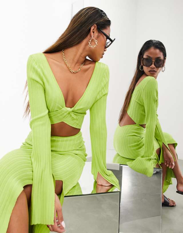 ASOS EDITION - long sleeve knot front cut out midi dress in lime green