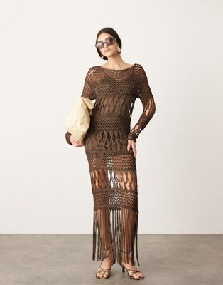 Asos Design Long Sleeve Macrame Knit Maxi Dress In Brown