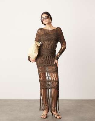 long sleeve macrame knit maxi dress in brown