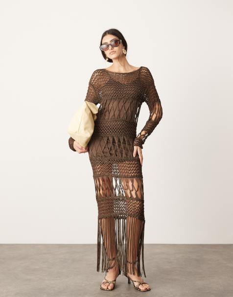 Brown Sheer Lace Bandeau Long Sleeve Maxi Dress