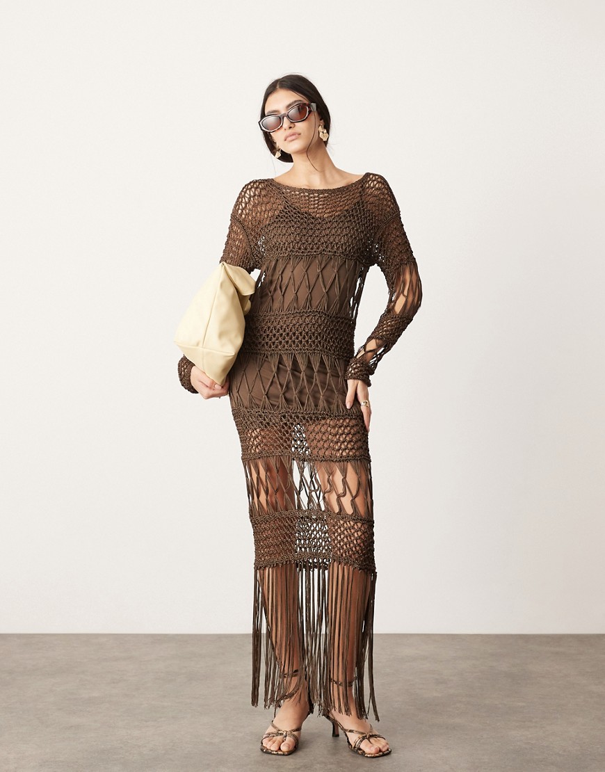 long sleeve macrame knit maxi dress in brown