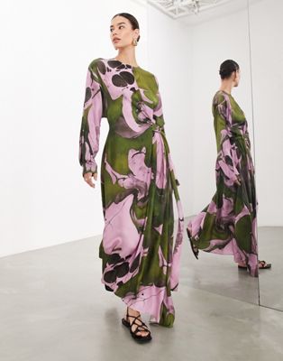 ASOS EDITION long sleeve maxi dress with d ring in khaki abstract print
