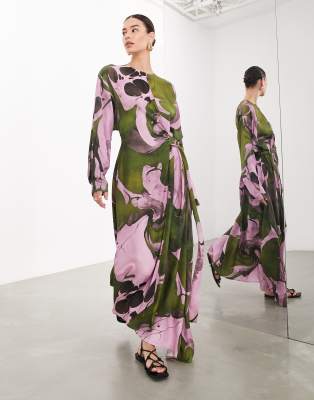 long sleeve maxi dress with d ring in khaki abstract print-Multi