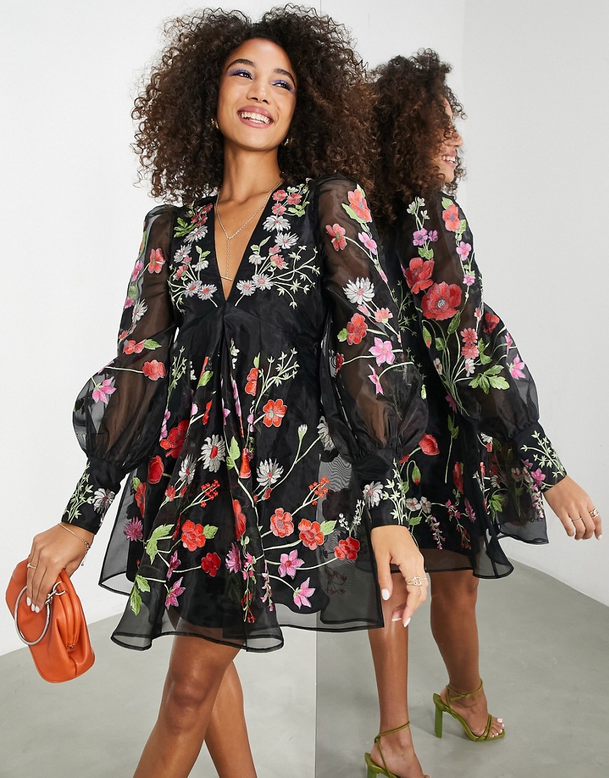 ASOS EDITION long sleeve mini dress with meadow floral embroidery in black organza
