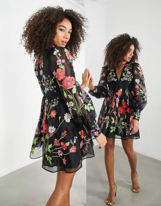 Black Floral Dress Embroidered Dress Floral Midi Dress, 50% OFF