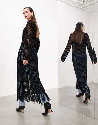 Asos Design Long Sleeve Open Knit Maxi Dress With Tassels In Black