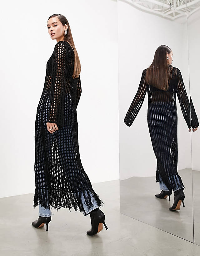 ASOS EDITION - long sleeve open knit maxi dress with tassels in black