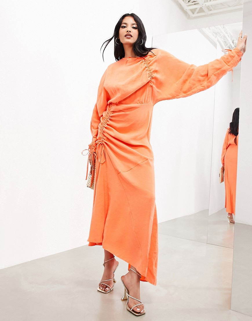 long sleeve ruched maxi dress in orange-Red