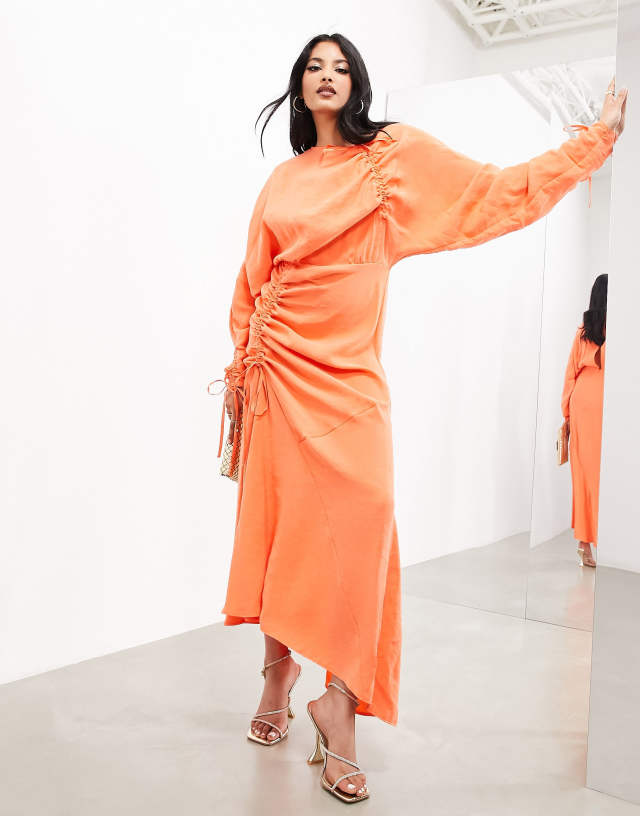 ASOS EDITION - long sleeve ruched maxi dress in orange