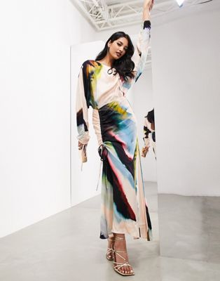 ASOS EDITION long sleeve ruched maxi dress in watercolour smudge print