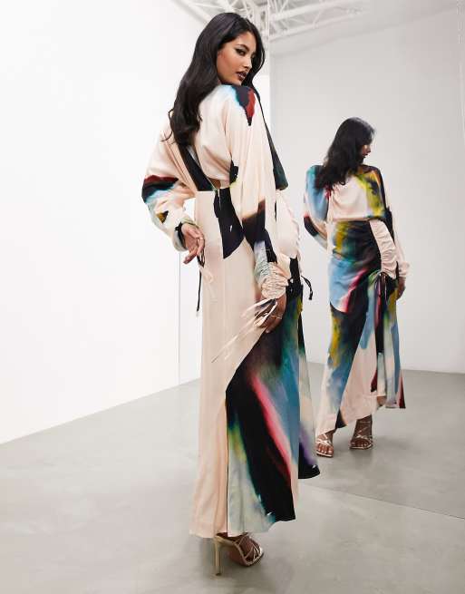 ASOS EDITION long sleeve ruched maxi dress in watercolour smudge