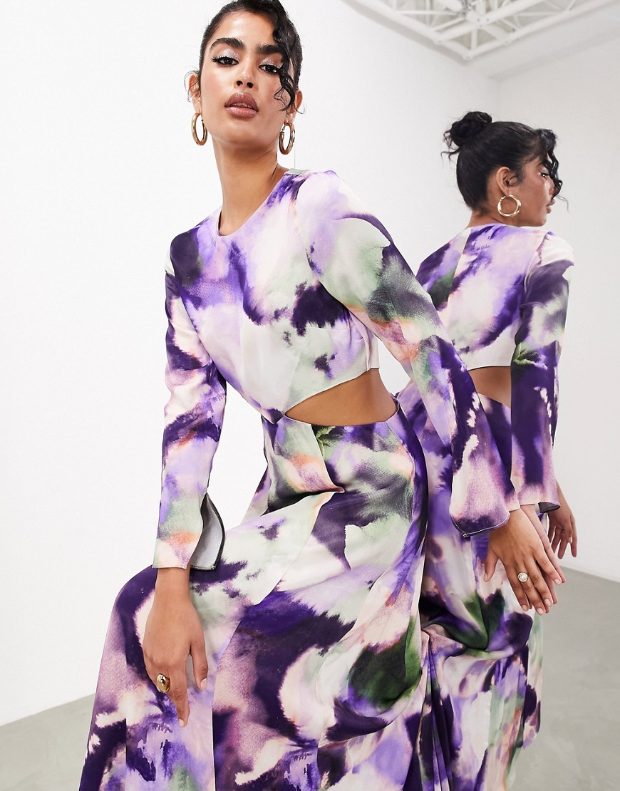 ASOS EDITION long sleeve satin maxi dress in purple watercolour print-Multi