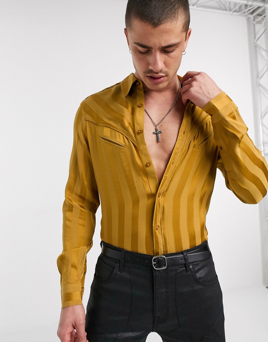 Asos Design Long Sleeve Satin Western Shirt-yellow
